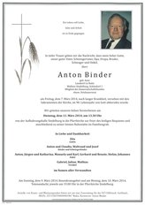 Anton Binder, verstorben am 07. Mrz 2014