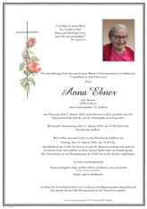 Anna Ebner, verstorben am 09. Jnner 2018