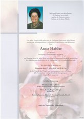 Anna Haider, verstorben am 20. Mrz 2018