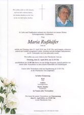 Maria Rukfer, verstorben am 15. April 2014